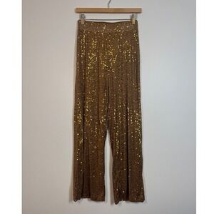 Glam Disco Guess Sequin Wide Leg Pants Women XS Gold Bronze High Rise Party